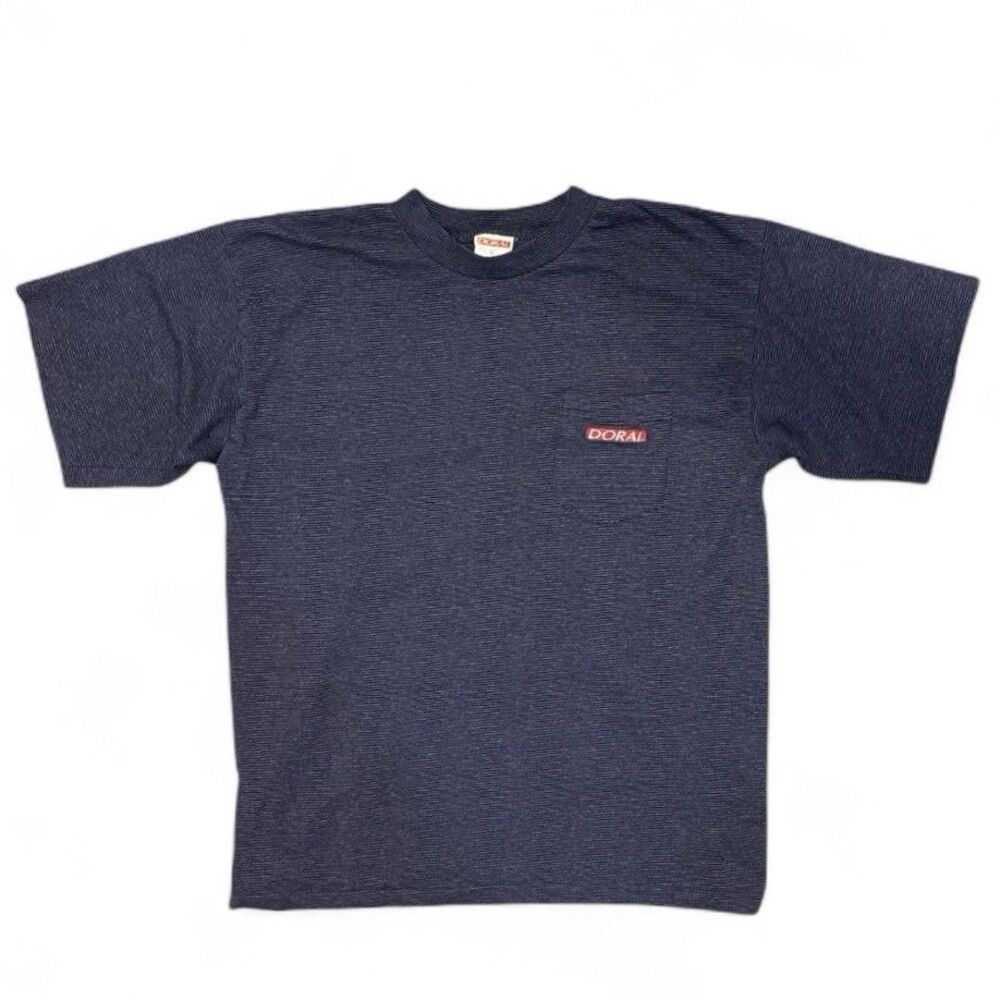 Vintage 90s Doral Cigarettes T Shirt Men’s L Promo Striped Pocket Tee Retro USA